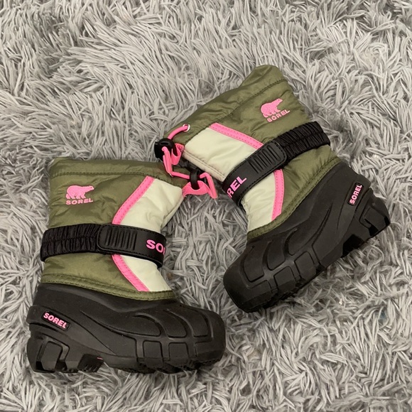 Sorel • Snow Flurry Velcro Winter Snow Boots Black Green Pink 6 Waterproof - Picture 2 of 5